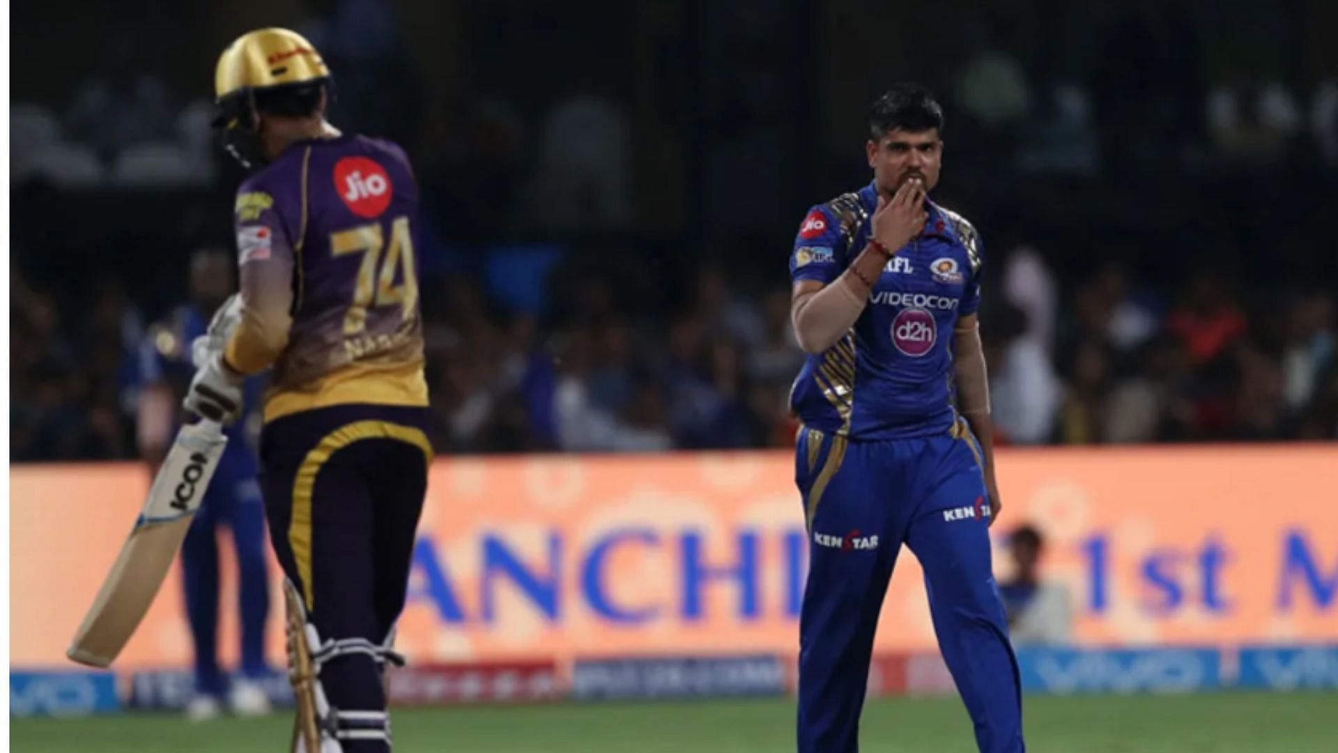 Karn Sharma blows a kiss to Sunil Narine after taking his wicket in Qualifier 2 of the 2017 edition.