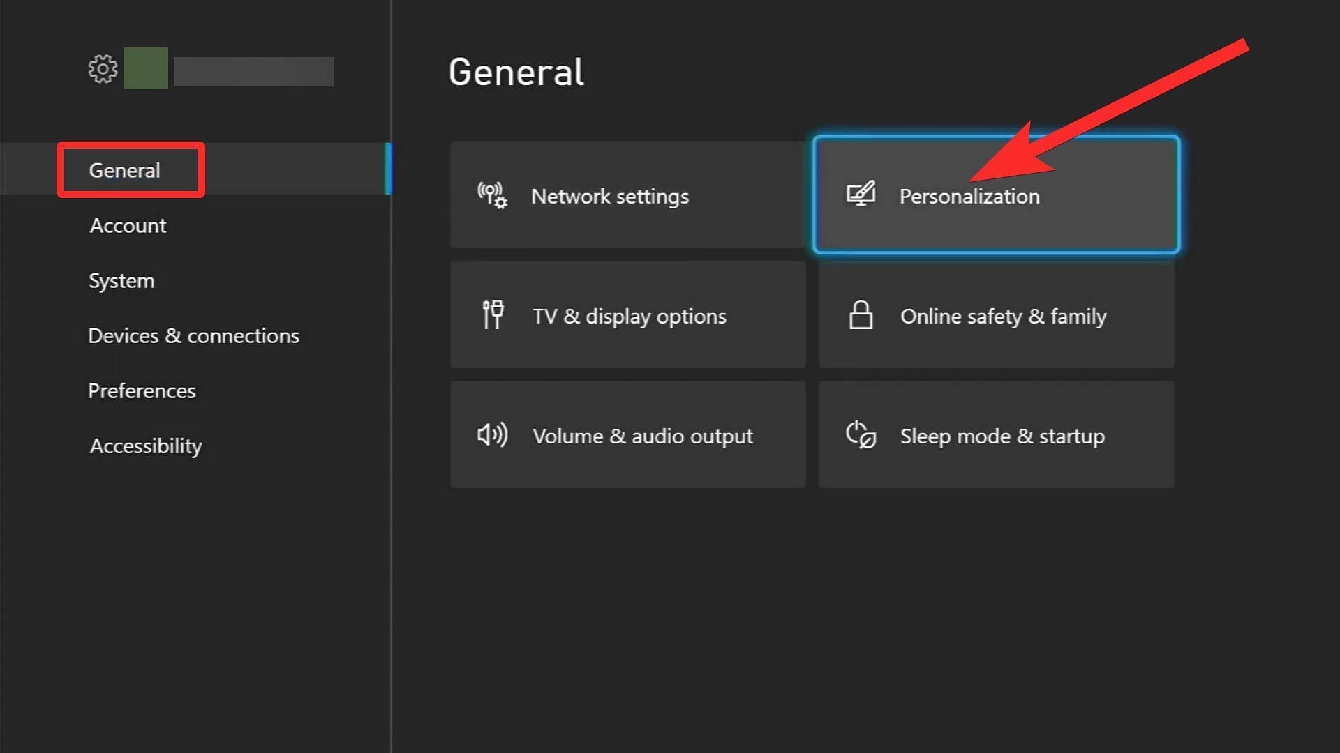 Select &quot;Personalization&quot; from the &quot;General&quot; tab (Image via Xbox)