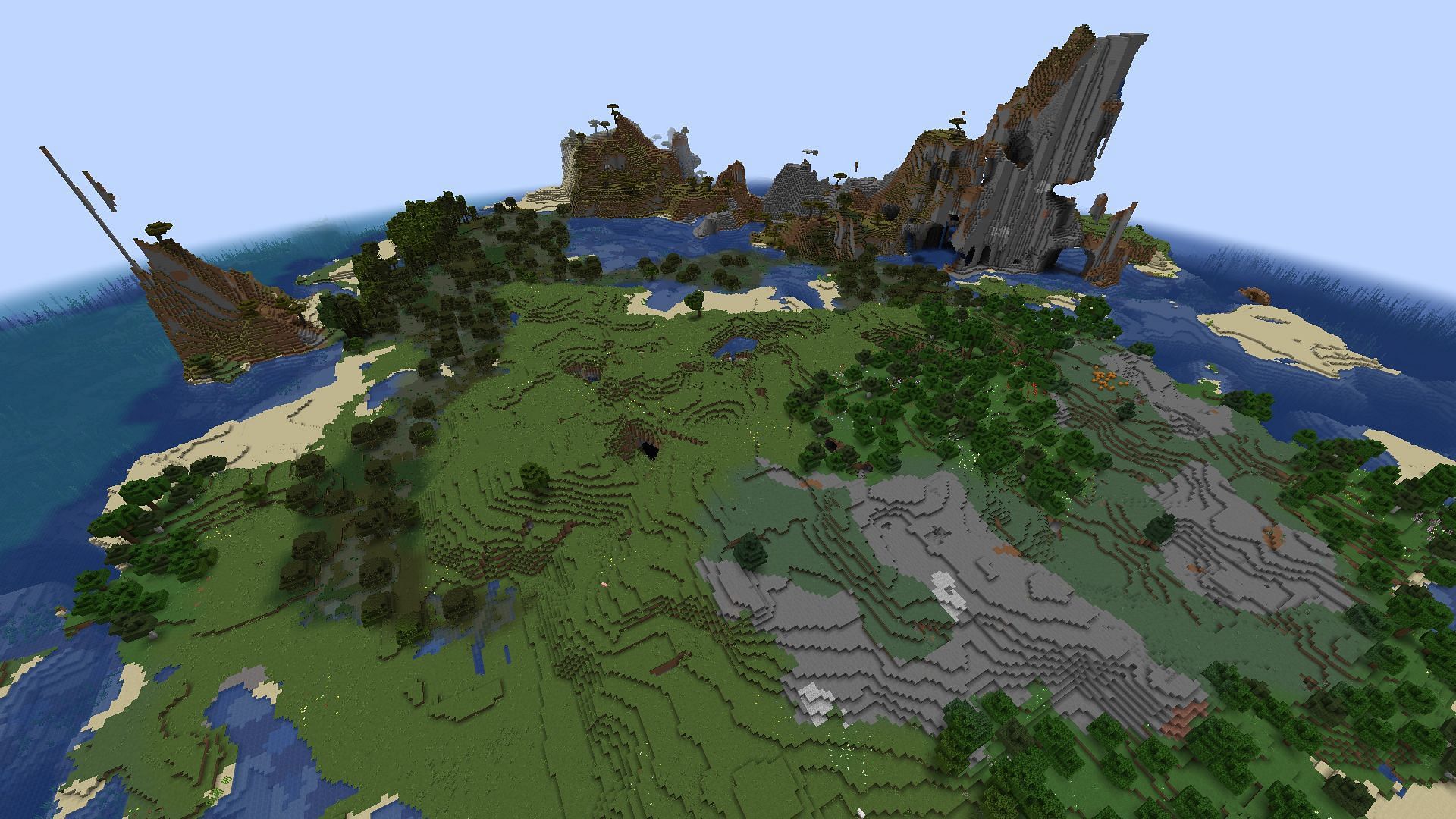 This seed offers up a sizable amount of biome diversity directly north of spawn (Image via Mojang)