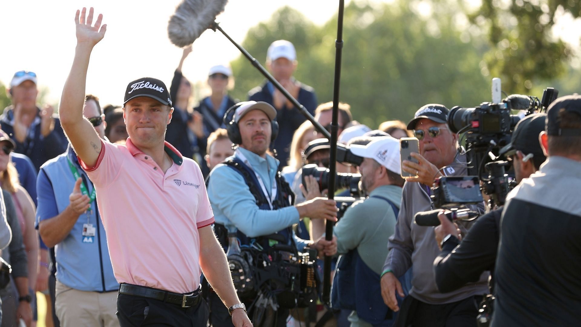 2022 PGA Championship Justin Thomas next to TV cameras covering his triumph (image via Golf Post).