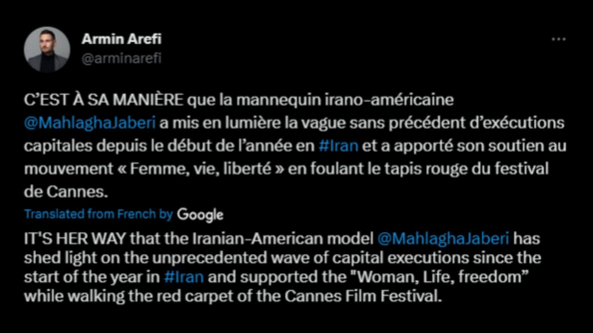 Screenshot of a Twitter user remarking on Jaberi&#039;s 2023 Cannes dress.