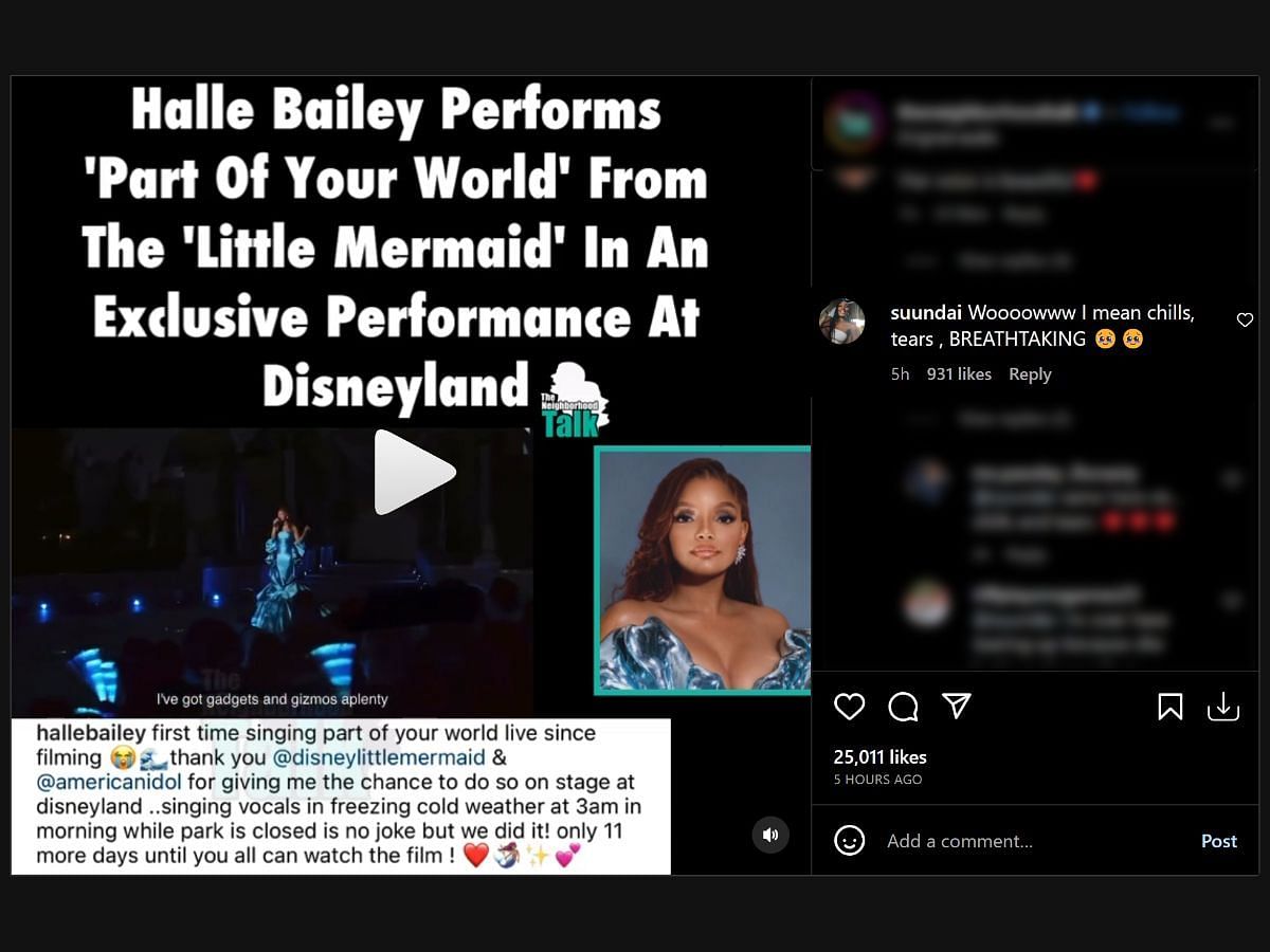 Fan reacts to Halle Bailey&#039;s performance, video shared by @theneighborhoodtalk. (Photo via Instagram/Sportskeeda)