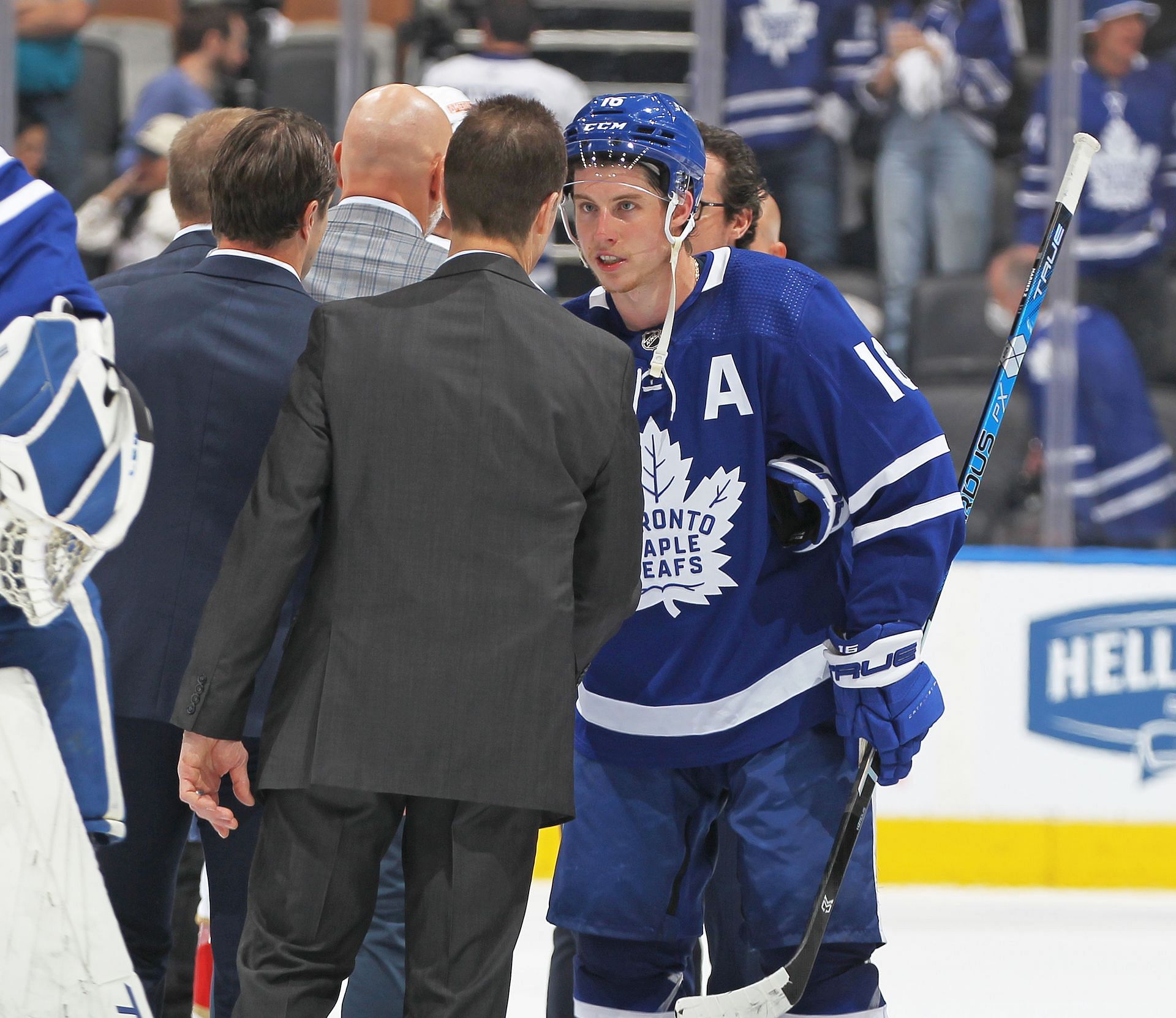 Mitchell Marner #16 of the Toronto Maple Leafs congratulates the coaching staff of the Florida Panthers after Game Five of the Second Round of the 2023 Stanley Cup Playoffs at Scotiabank Arena on May 12, 2023 in Toronto, Ontario, Canada. The Panthers defeated the Maple Leafs 3-2 in overtime. (Photo by Claus Andersen/Getty Images)