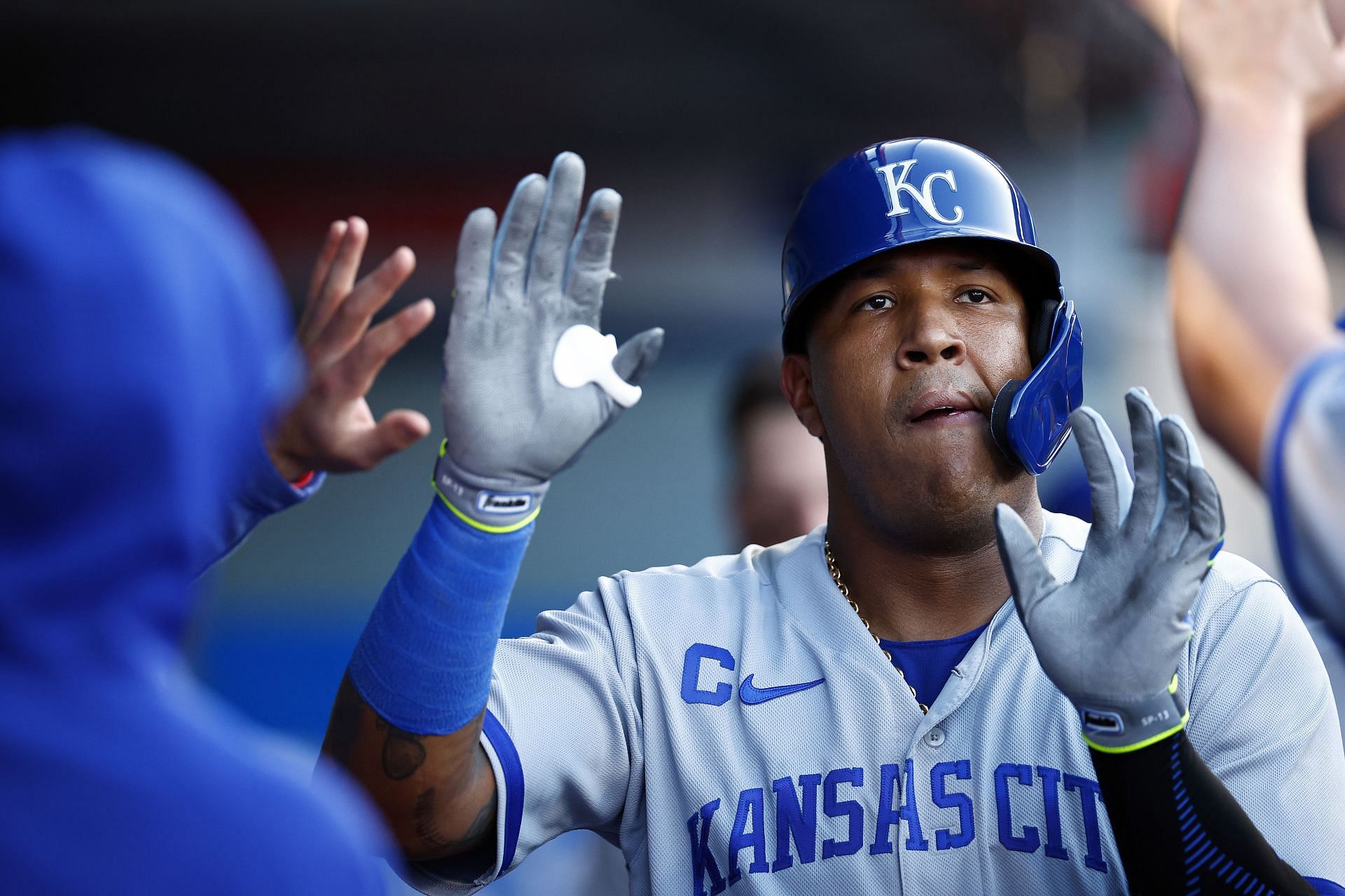 Salvador Perez #13 of the Kansas City Royals celebrates a run against the Los Angeles Angels