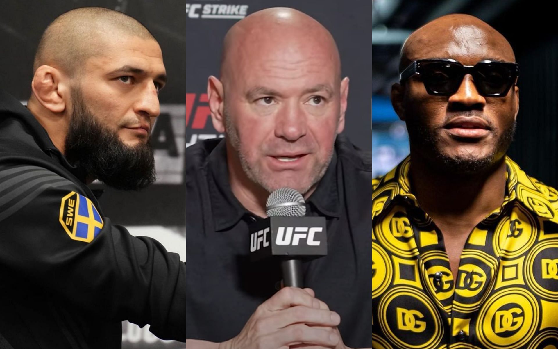 Khamzat Chimaev (Left); Dana White (Middle); Kamaru Usman (Right) [*Image courtesy: left and right images via @khamzat_chimaev and @usman84kg Instagram; middle image via TheMacLife YouTube channel]