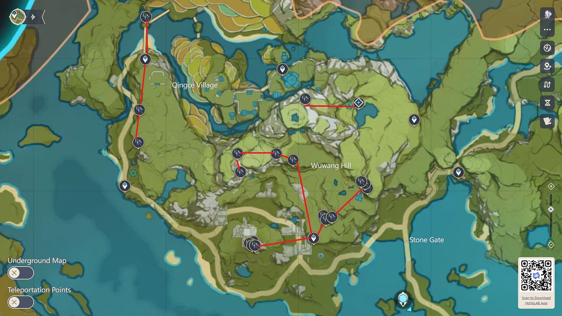 Farming spots in Qingce Village and Wuwang Hill (Image via HoYoverse)