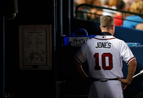 Miami Marlins v Atlanta Braves ATLANTA, GA - SEPTEMBER 27: Chipper Jones #10 of the Atlanta Braves stands in the dugout during the fourth inning against the Miami Marlins at Turner Field on September 27, 2012 in Atlanta, Georgia. (Photo by Kevin C. Cox/Getty Images)