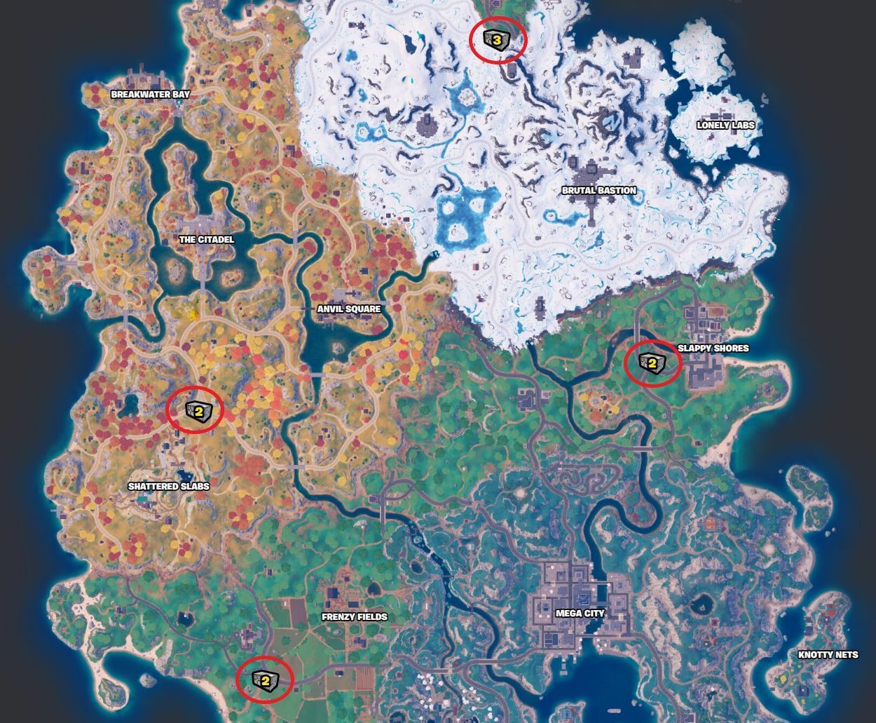 All Republic Chest locations in Chapter 4 Season 2 (Image via Fortnite.GG)