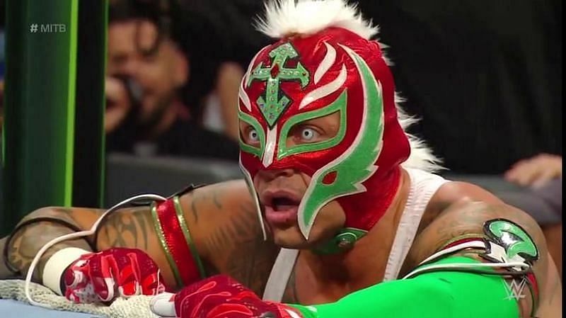 WWE Hall of Famer Rey Mysterio in shock during a match.