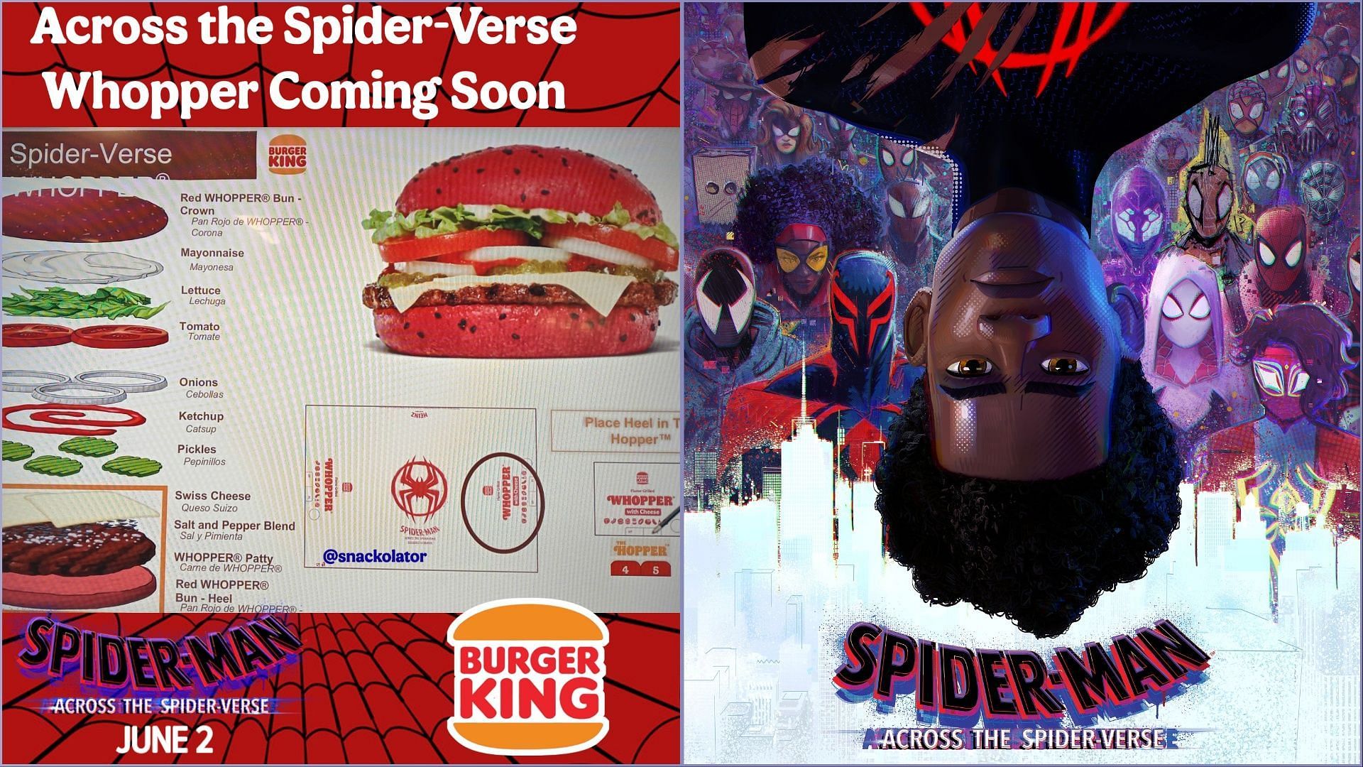 The burger chain is commemorating the upcoming release of Spider-Man: Across the Spider-Verse (Image via Sony Pictures, @snackolator/Twitter)