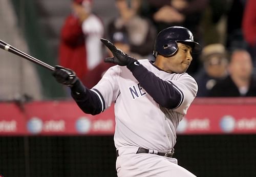 Bernie Williams #51 of the New York Yankees takes a swing against the Los Angeles Angels of Anaheim on April 8, 2006 at Angel Stadium in Anaheim, California.