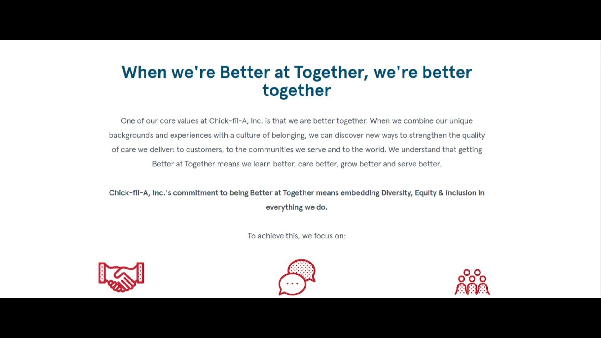 Screenshot of Chick-fil-A&#039;s message on the DEI section on its website. (Image via Chick-fil-A)