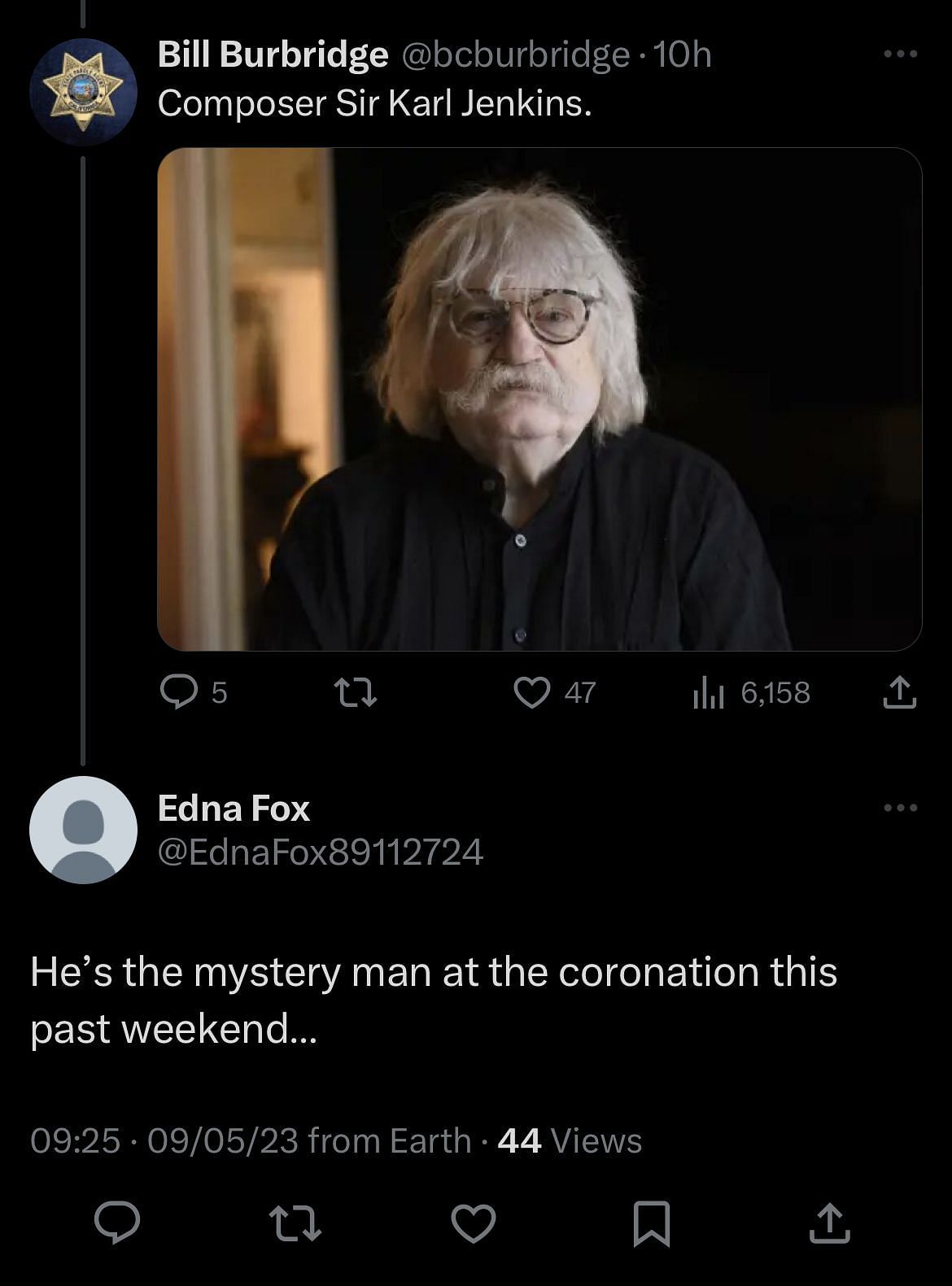 Twitter user commented on Sir Karl Jenkins being the mystery man (Image via Twitter/bcburbridge)