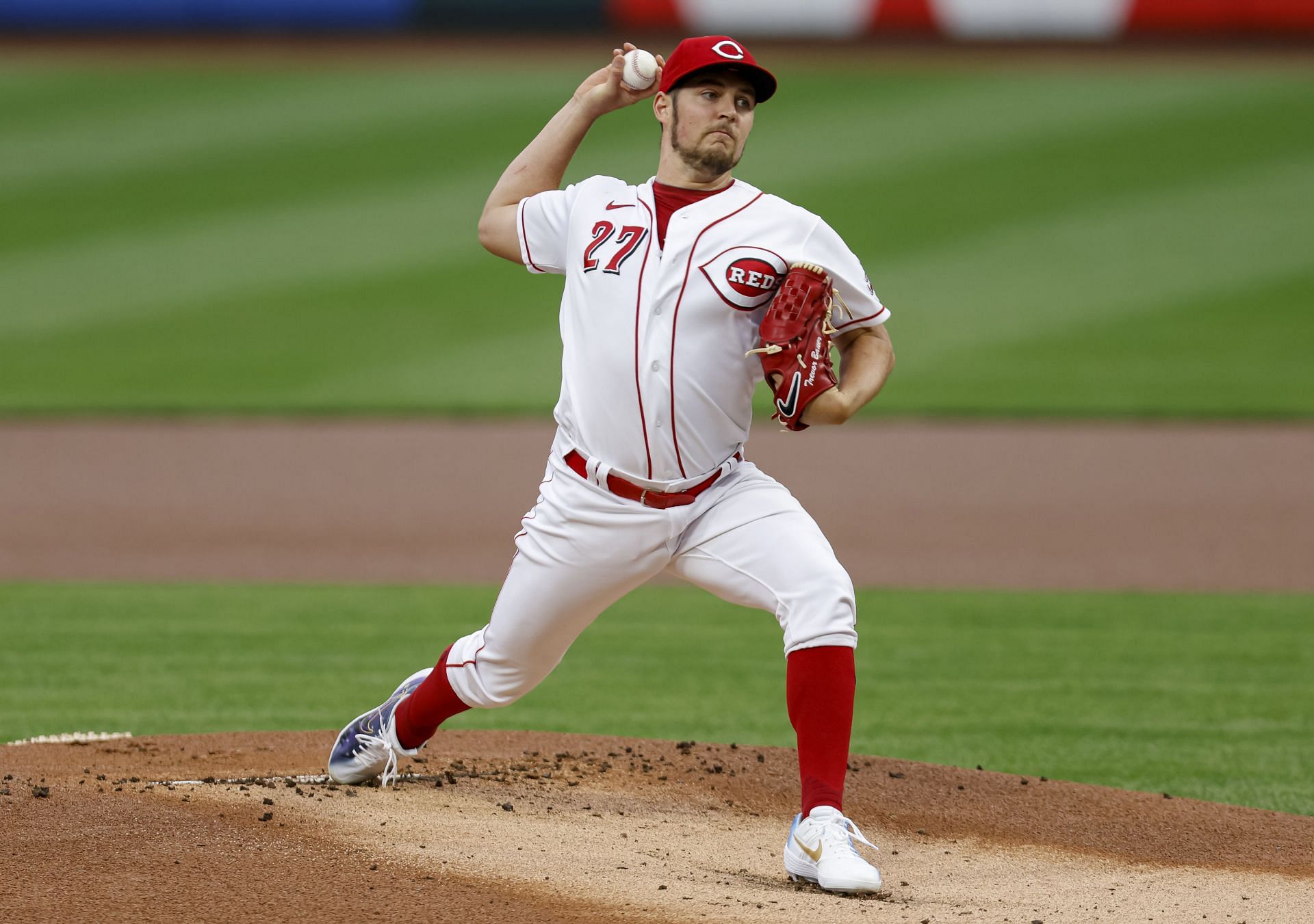 Trevor Bauer pitches against the Milwaukee Brewers at Great American Ball Park on September 23, 2020