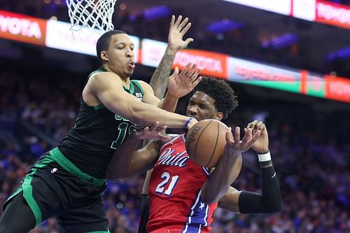 Grant Williams of the Boston Celtics and Joel Embiid of the Philadelphia 76ers.