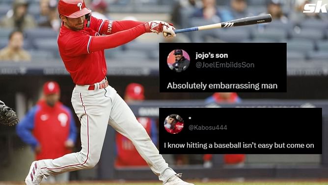 Philadelphia Phillies fans agitated as Trea Turner completely whiffs on two consecutive pitches in the dirt: "Absolutely embarrassing man"
