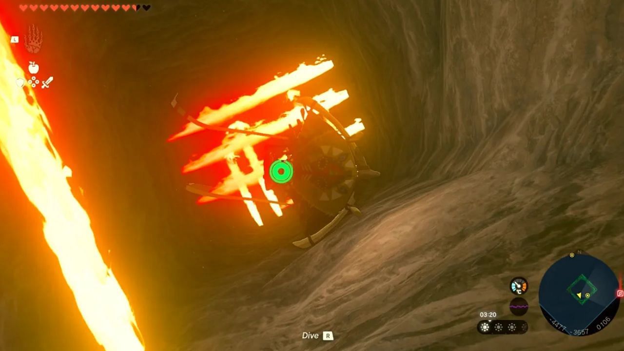 Link navigating the vertical flame corridor (Image via Nintendo)