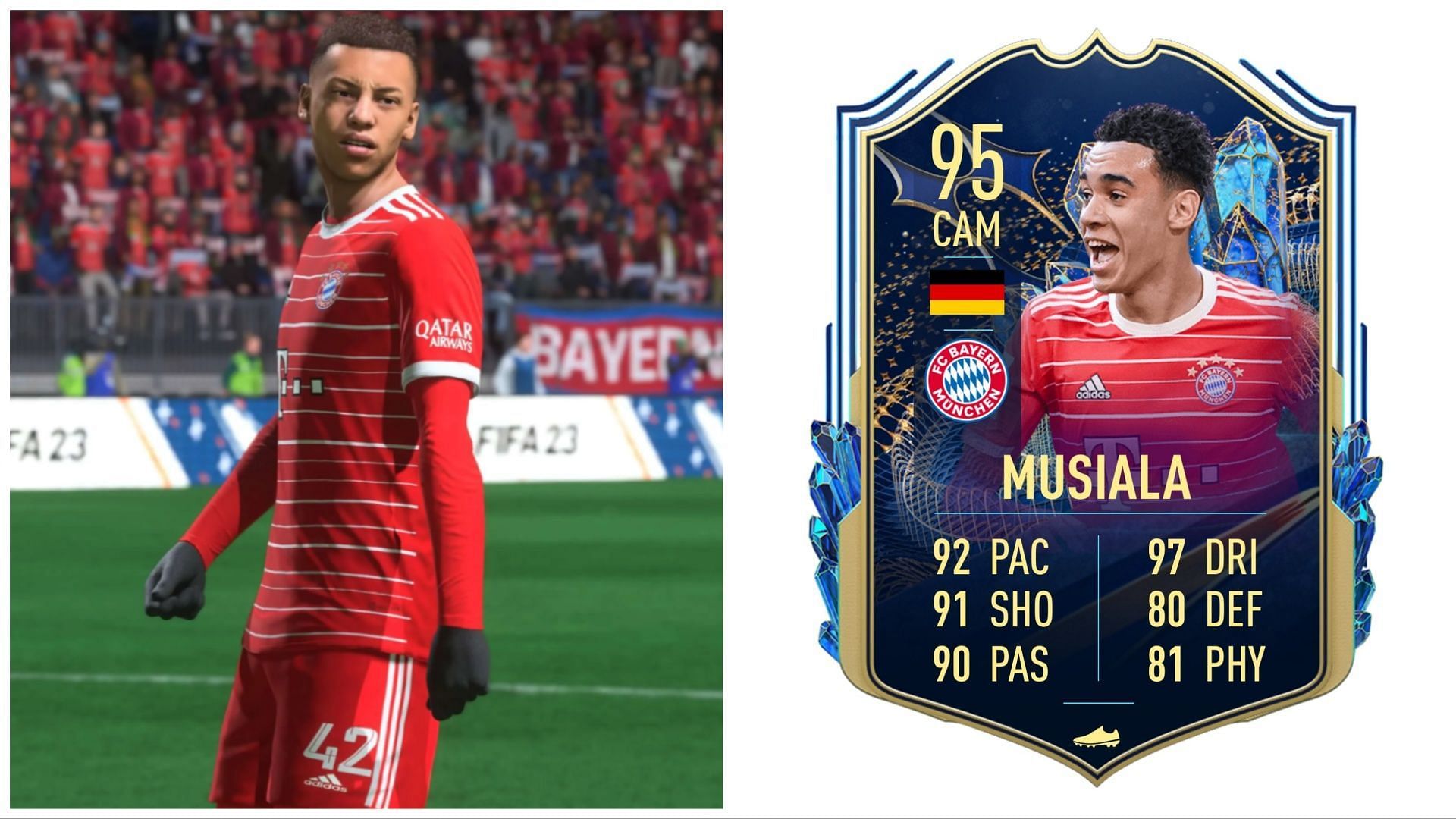 TOTS Musiala has been leaked (Images via EA Sports and Twitter/FIFA23leaked_)