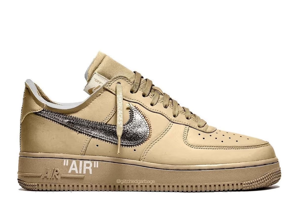 The upcoming Off-White x Nike Air Force 1 Low &ldquo;Desert Tan&rdquo; sneakers (Image via @glitchedgarbage / Instagram)