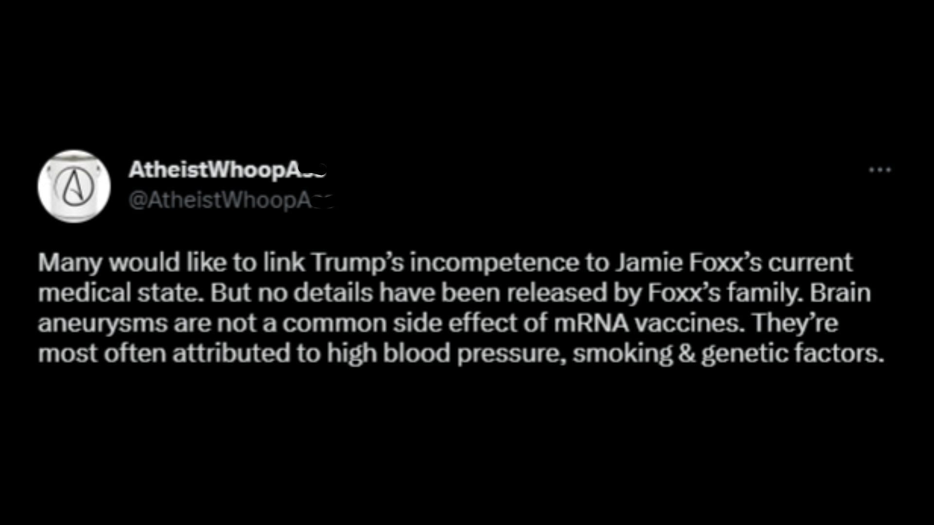 Screenshot of a Twitter user remarking on vaccine theories surrounding Foxx&#039;s health.