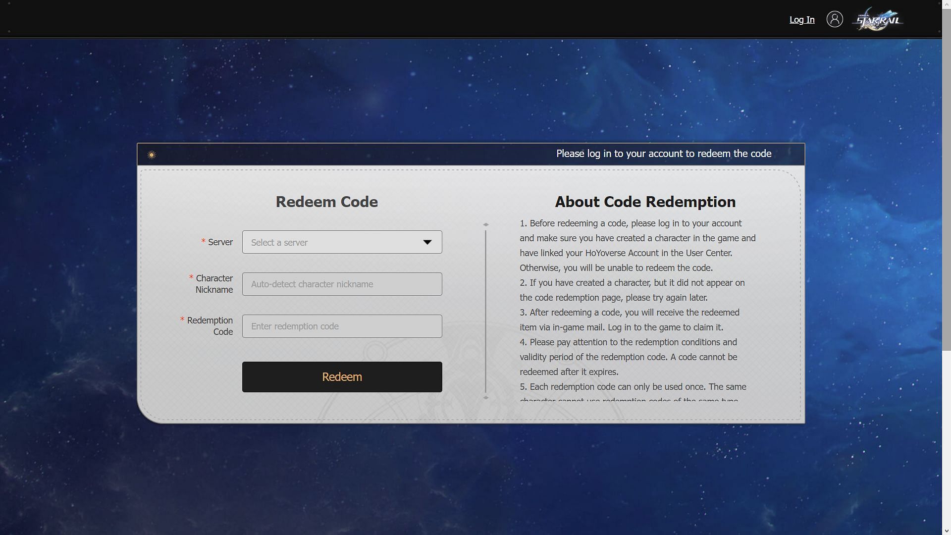 Official redemption site to claim 1.1 codes (Image via HoYoverse)