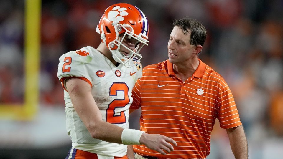 Cade Klubnik being coached by Dabo Swinney. ACC Championship: Clemson vs. North Carolina Garrett Riley ACC championship celebration