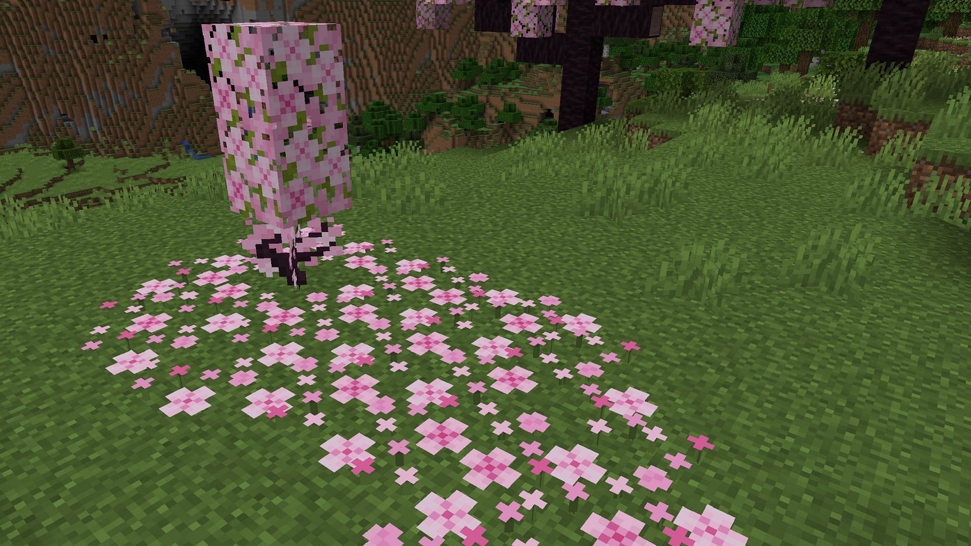 Minecraft 1.20 introduces cherry grove biomes complete with pink petals on the forest floor (Image via u/Pooptopiaproblems/Reddit)