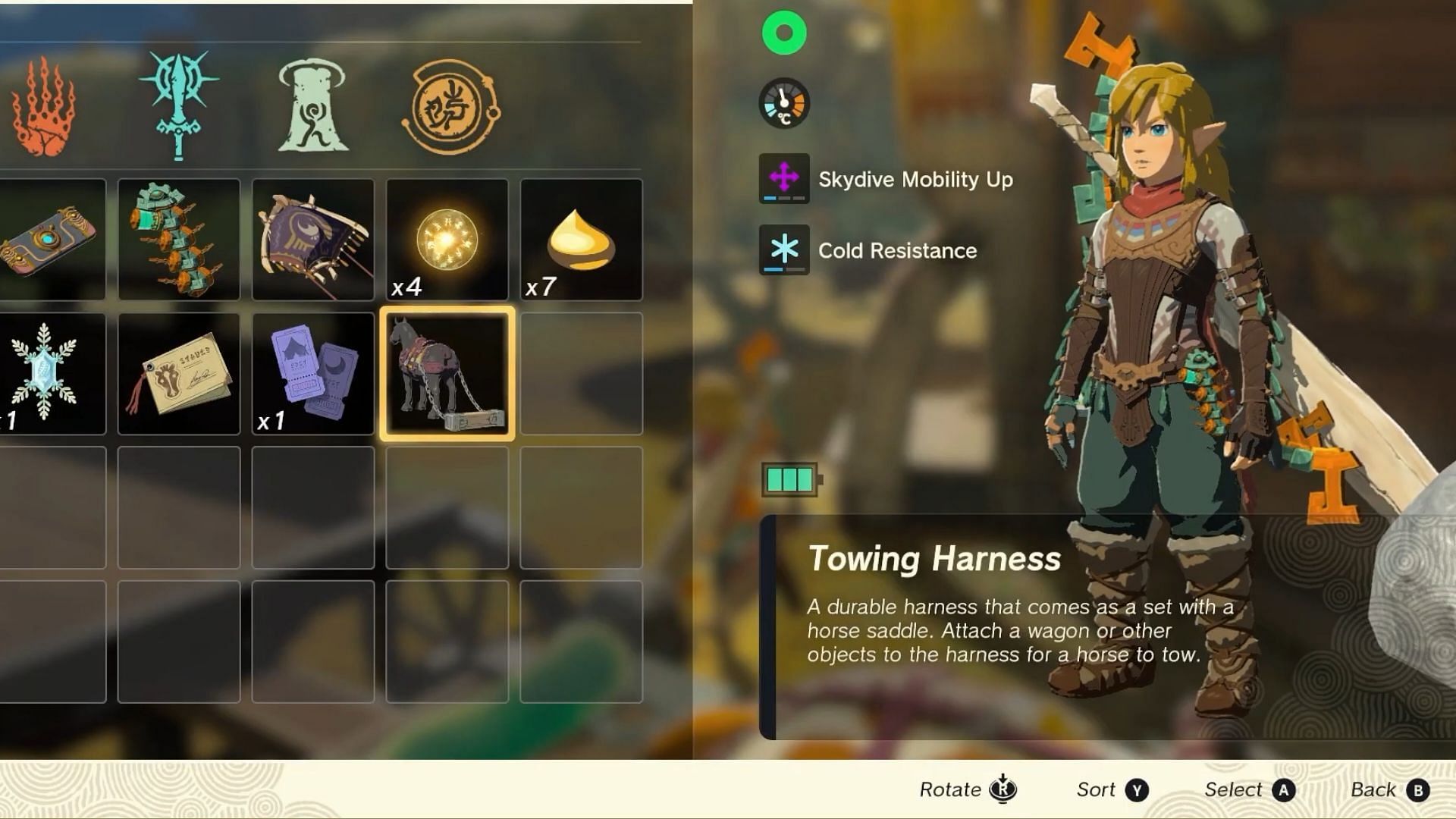 You can see the towing harness in your inventory (Image via Nintendo)