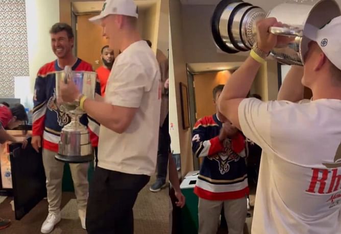 Watch: Brooks Koepka and Brady Tkachuk drink off the PGA Championship trophy to celebrate the Florida Panthers’ win
