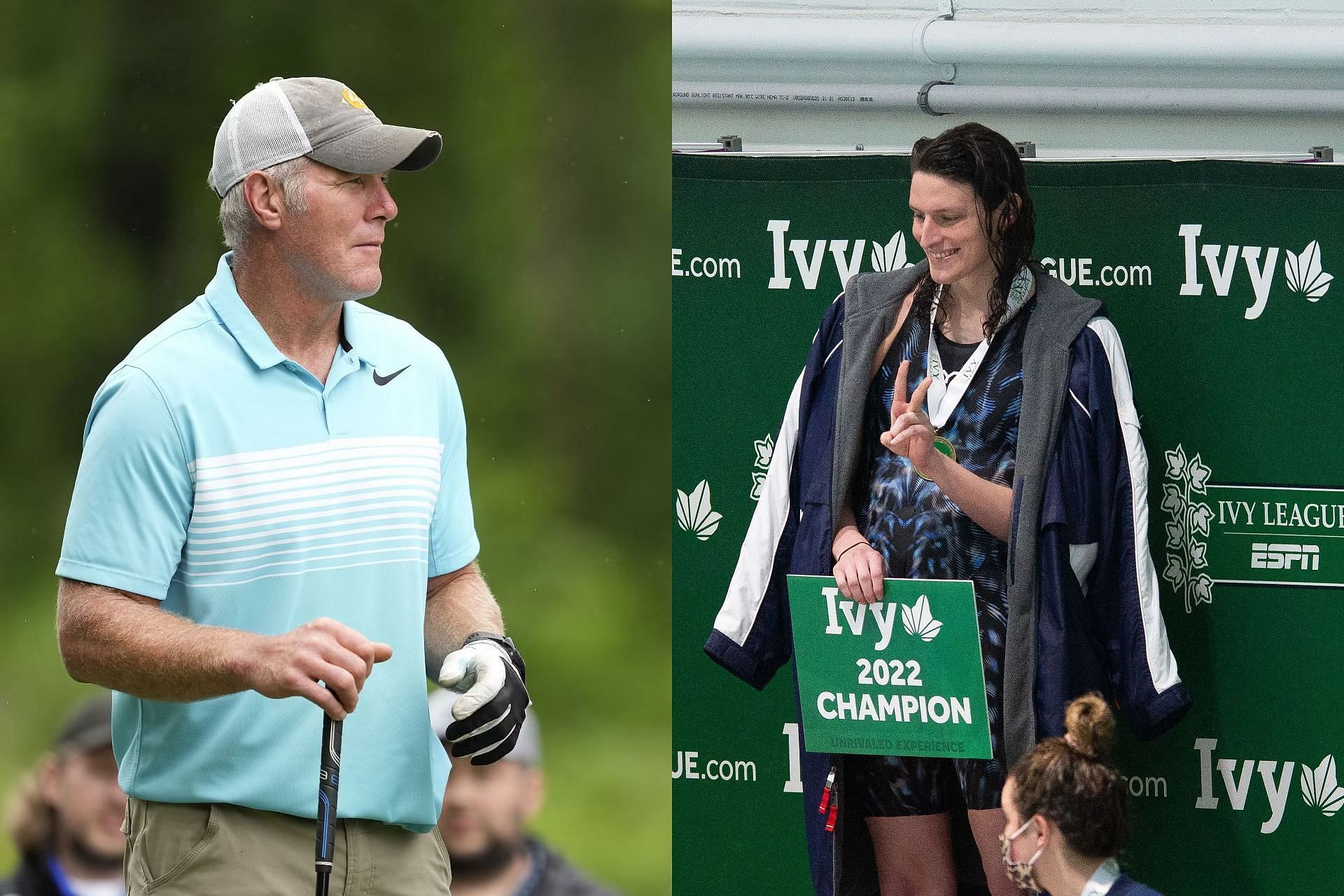 Brett Favre (L) and Lia Thomas (R)