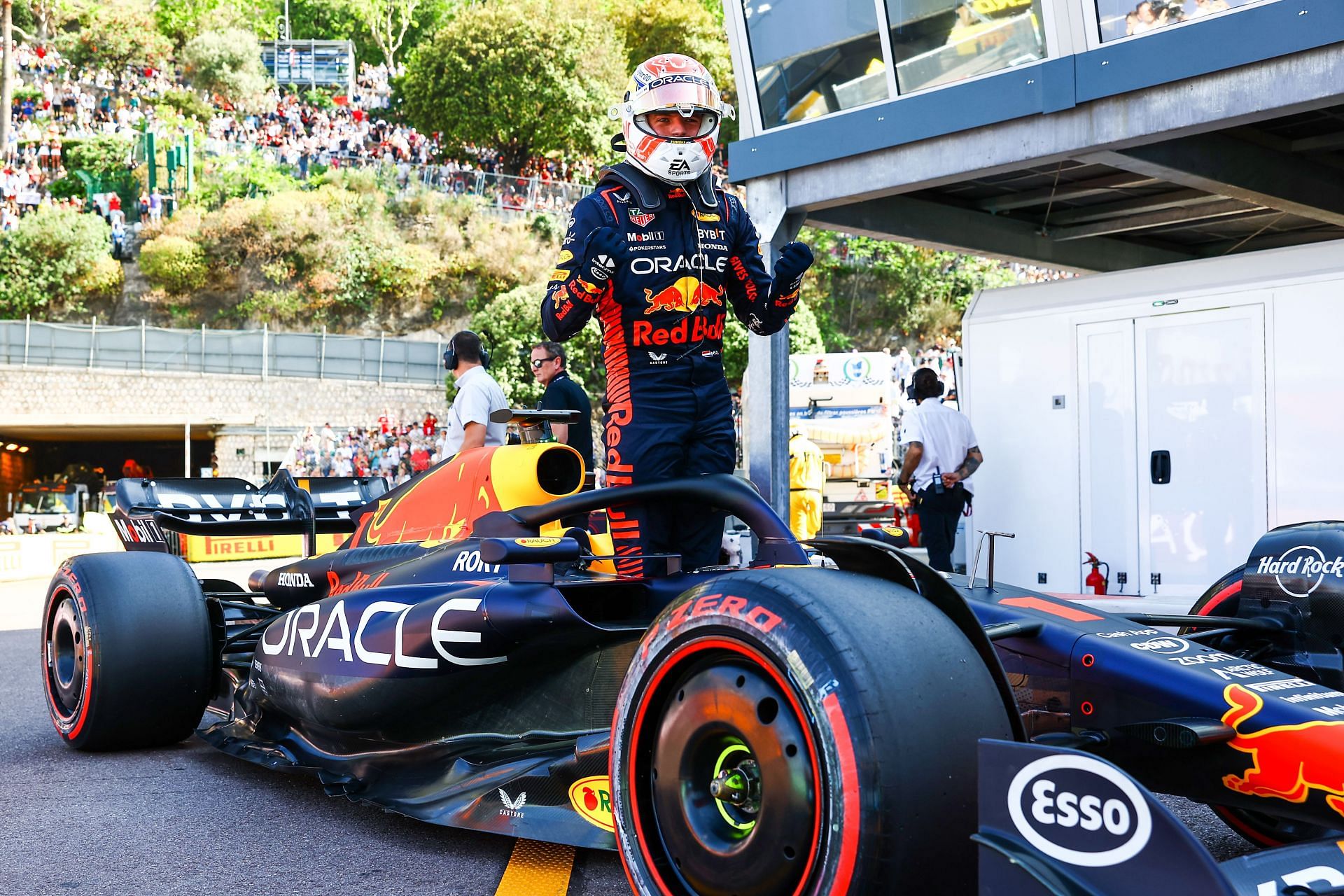 Red Bull driver Max Verstappen celebrates after claiming pole position for the 2023 F1 Monaco GP. (Photo by Mark Thompson/Getty Images)