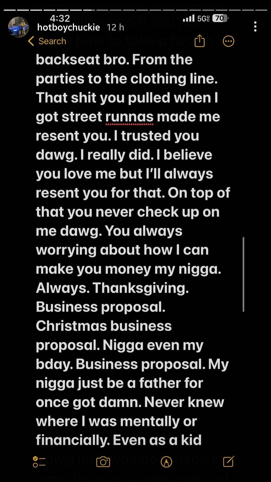 purplereignera&#039;s Instagram story written before his death (via Instagram)