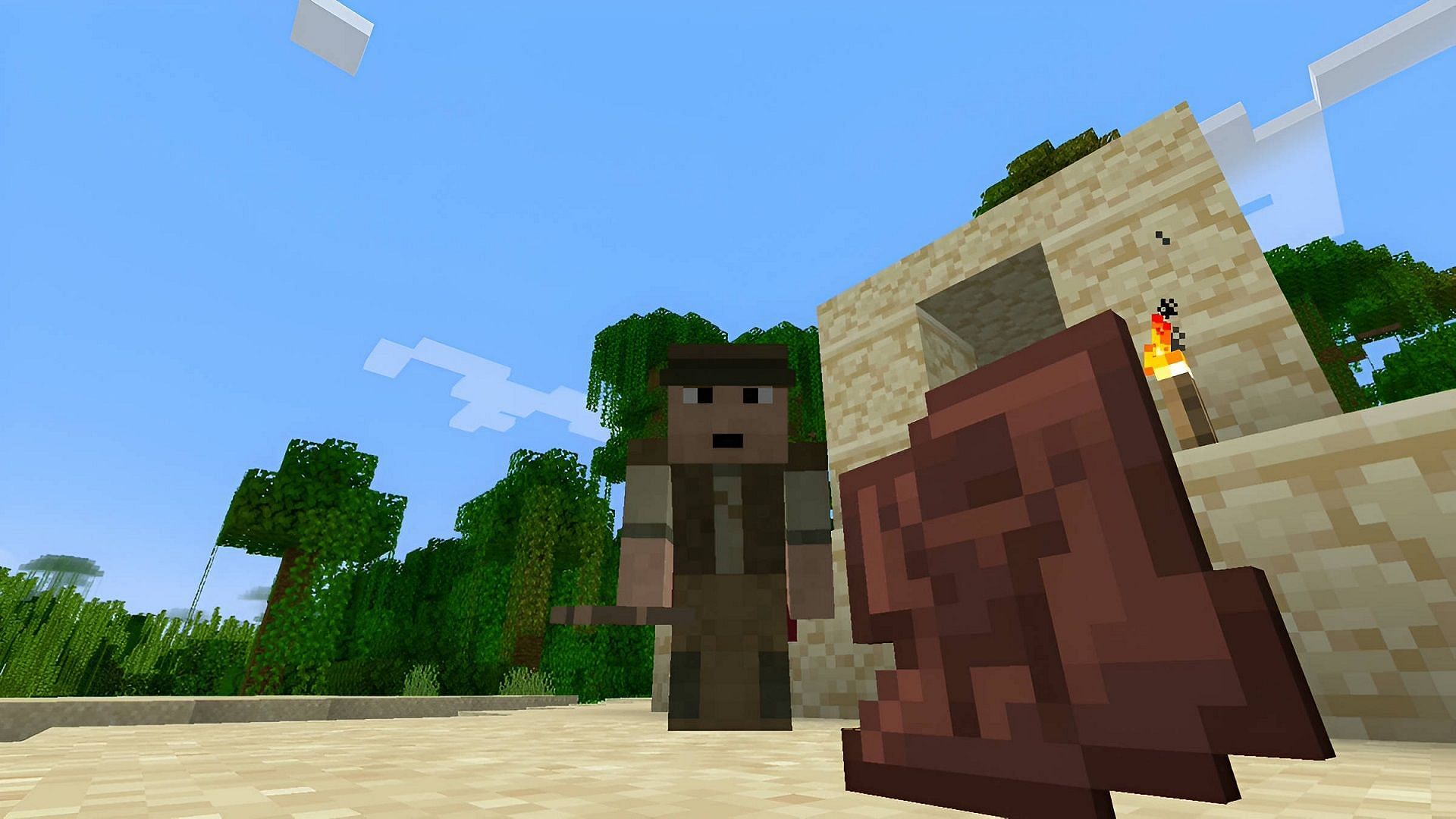 A Minecraft player poses with a newly-found pottery shard/sherd (Image via @Paulsoaresjr/Twitter)
