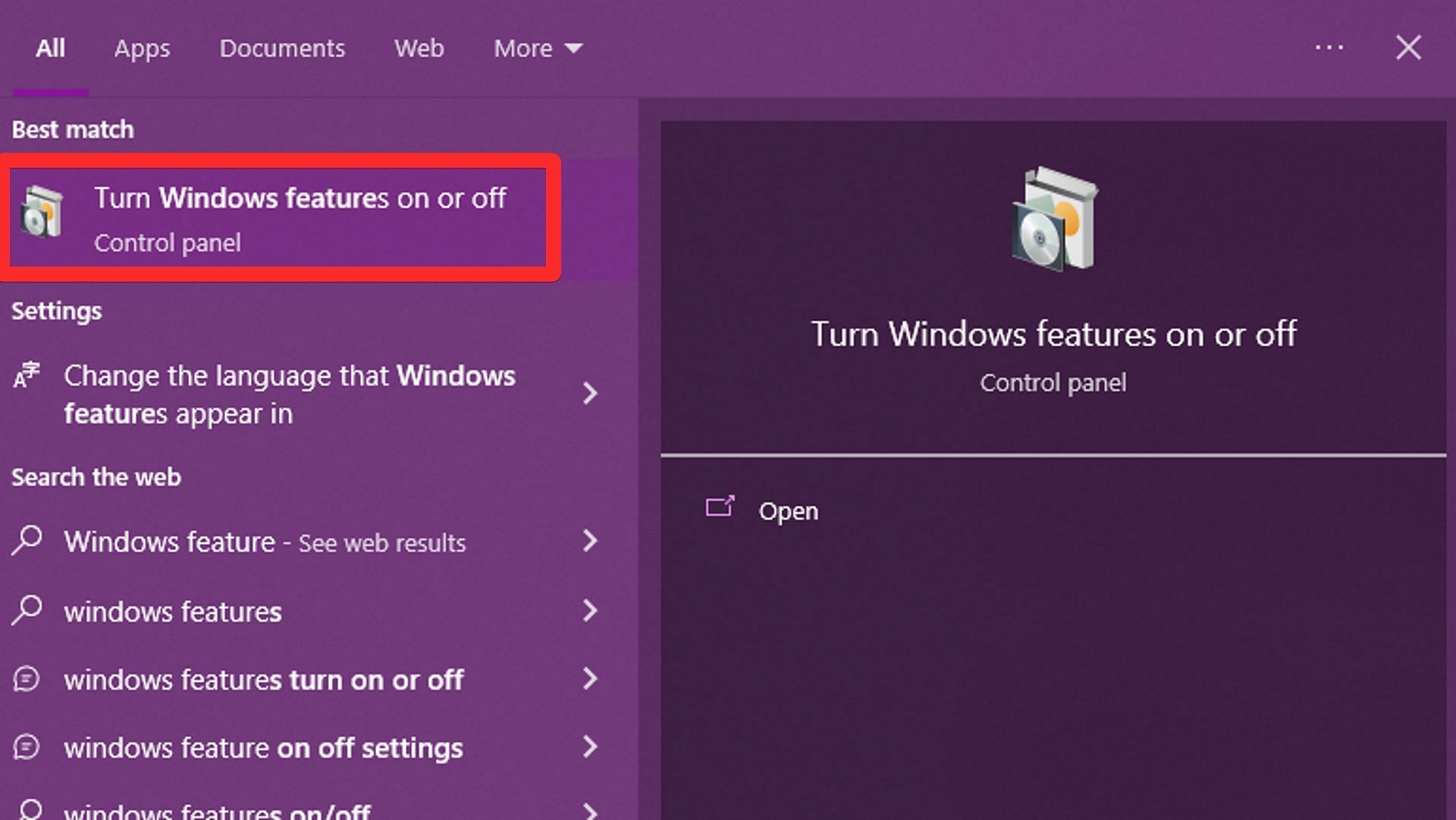 Open Turn Windows feature turn on or off from the Start menu (Image via Sportskeeda)