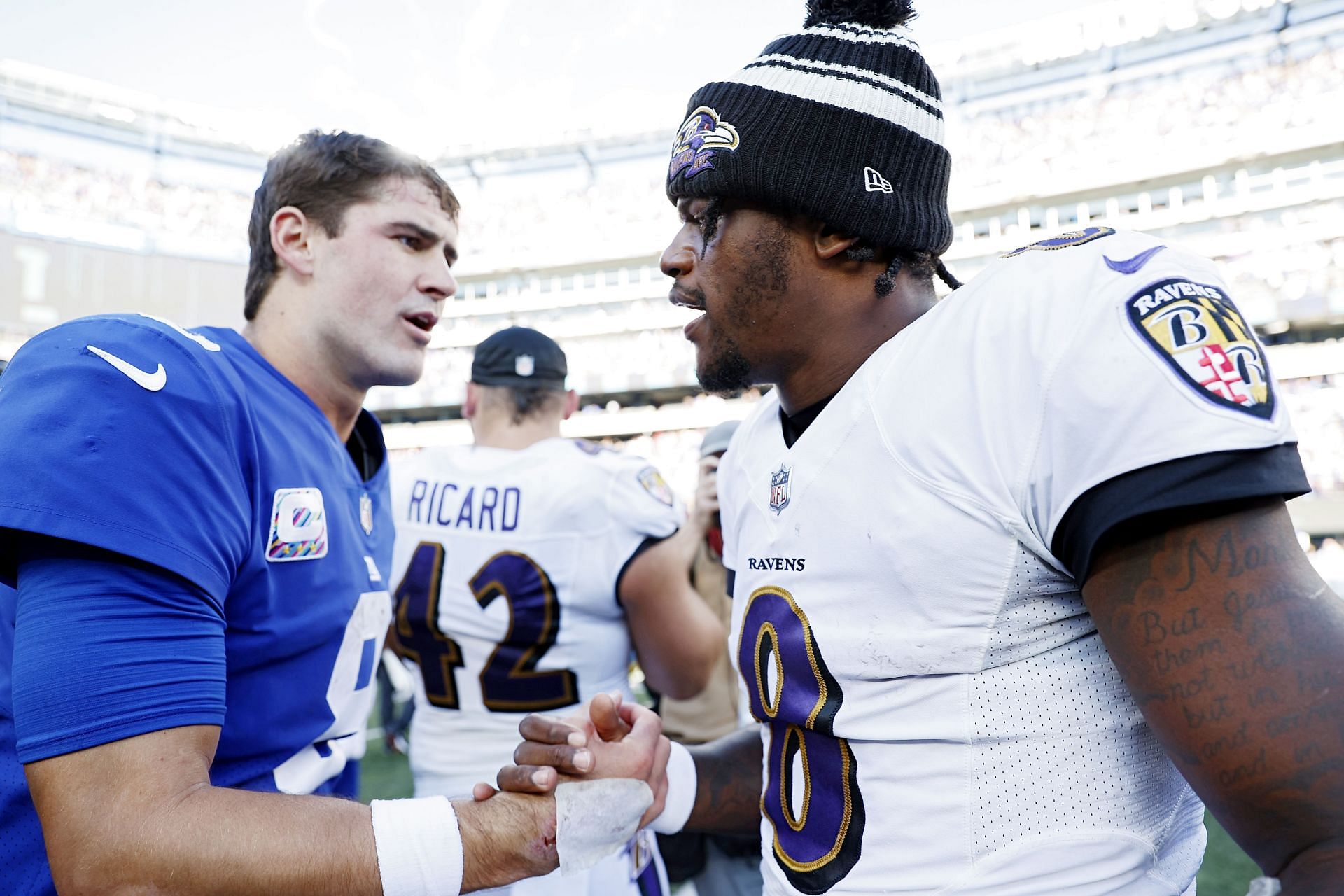 Lamar Jackson (right) at Baltimore Ravens v New York Giants
