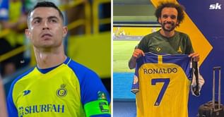 Al-Khaleej forward Fabio Martins receives shirt from Cristiano Ronaldo after scoring against Al-Nassr
