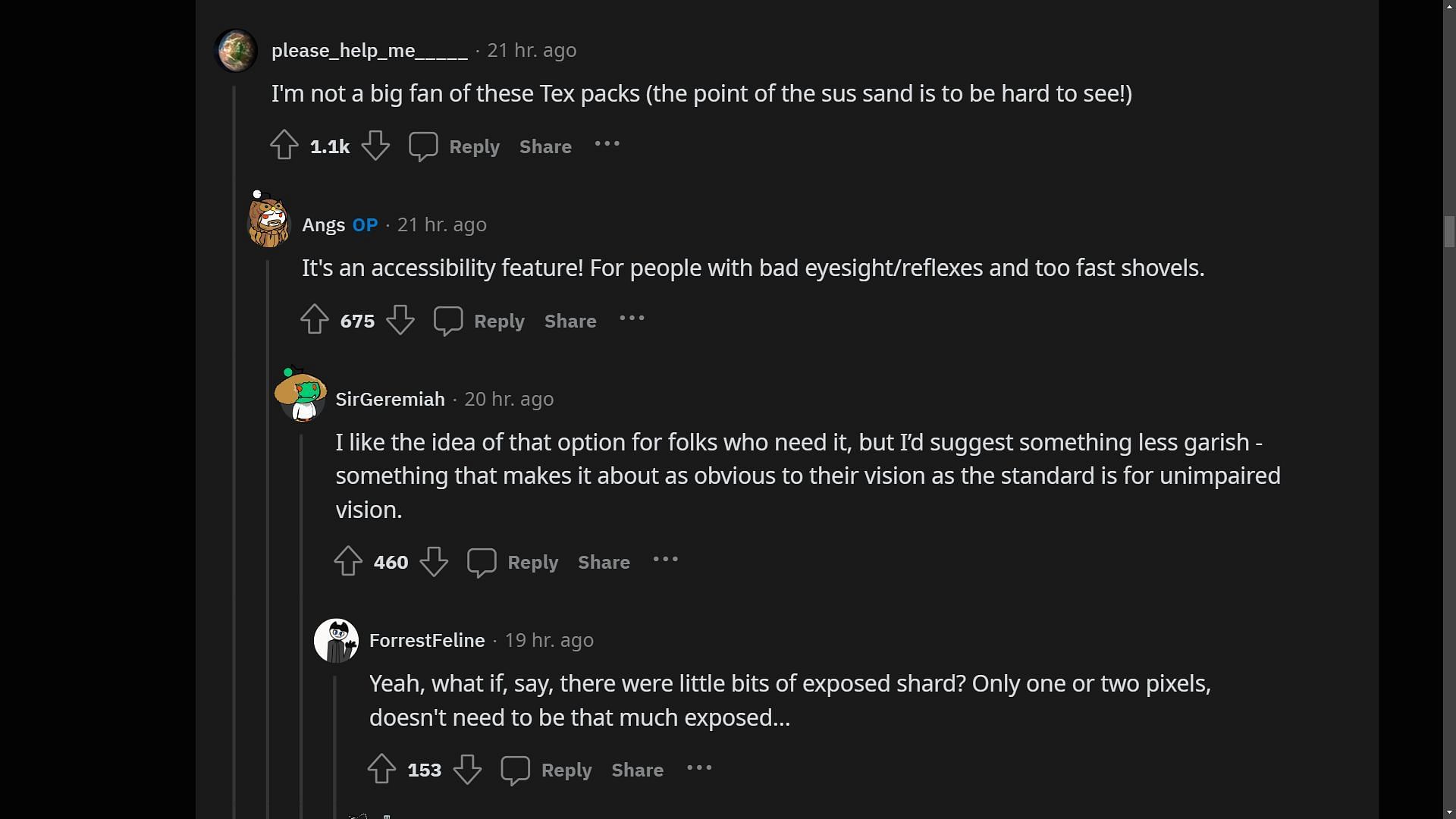 Redditors discussing whether the question mark texture completely negates the point of the suspicious blocks from Minecraft (Image via Sportskeeda)