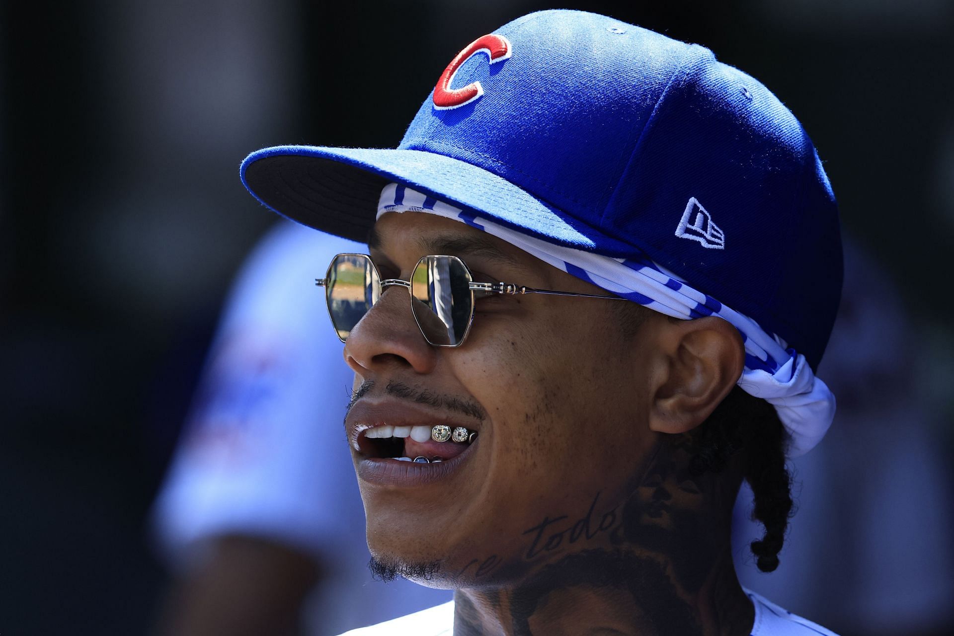 Marcus Stroman of the Chicago Cubs in the dugout before the start of the game against the Miami Marlins at Wrigley Field