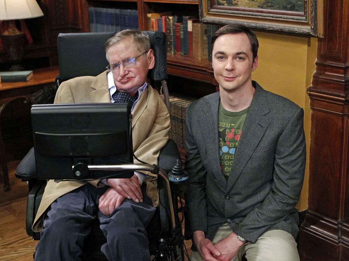 A still of Stephen Hawking with Jim Parsons on the set of The Big Bang Theory (Image Via IMDb)
