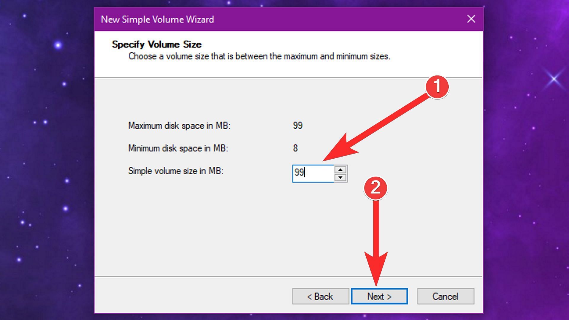 Select the partition size, then click on Next (Image via Sportskeeda)