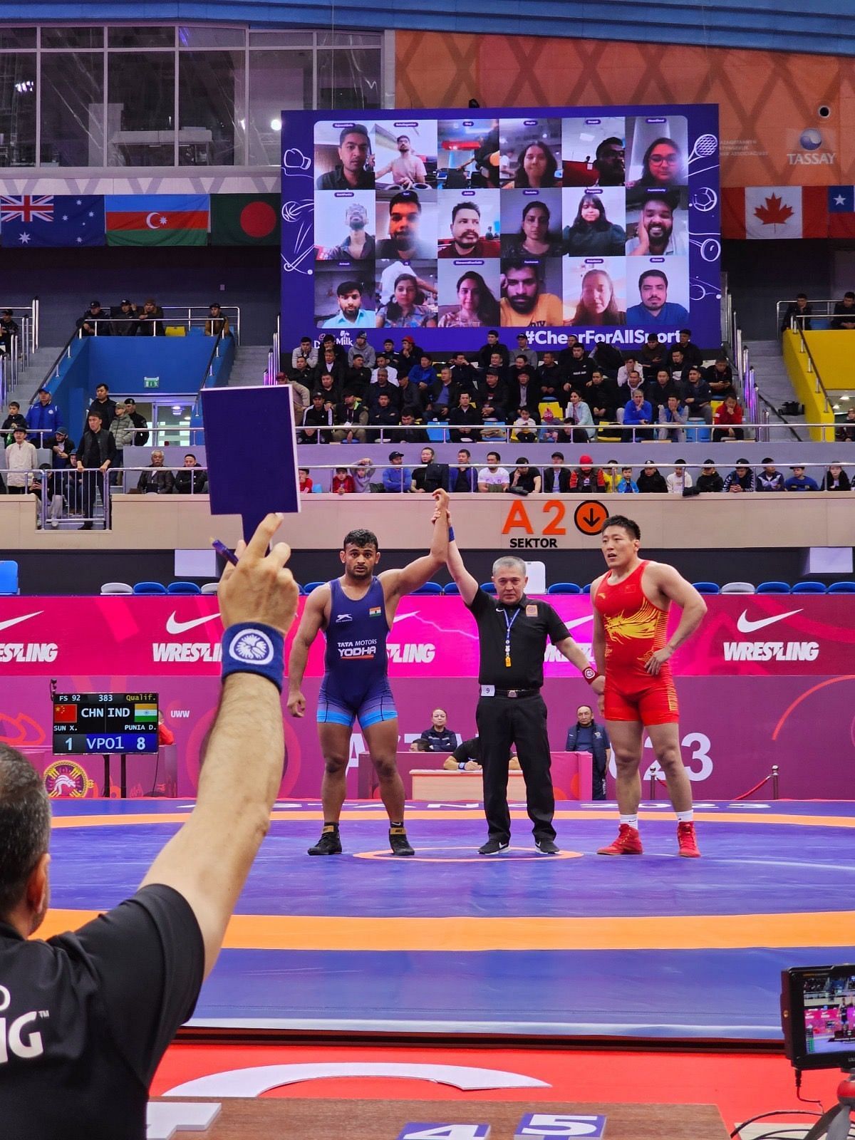Fans look on as Deepak Punia emerges victorious in a bout at the Asian Wrestling Championships&nbsp;2023.