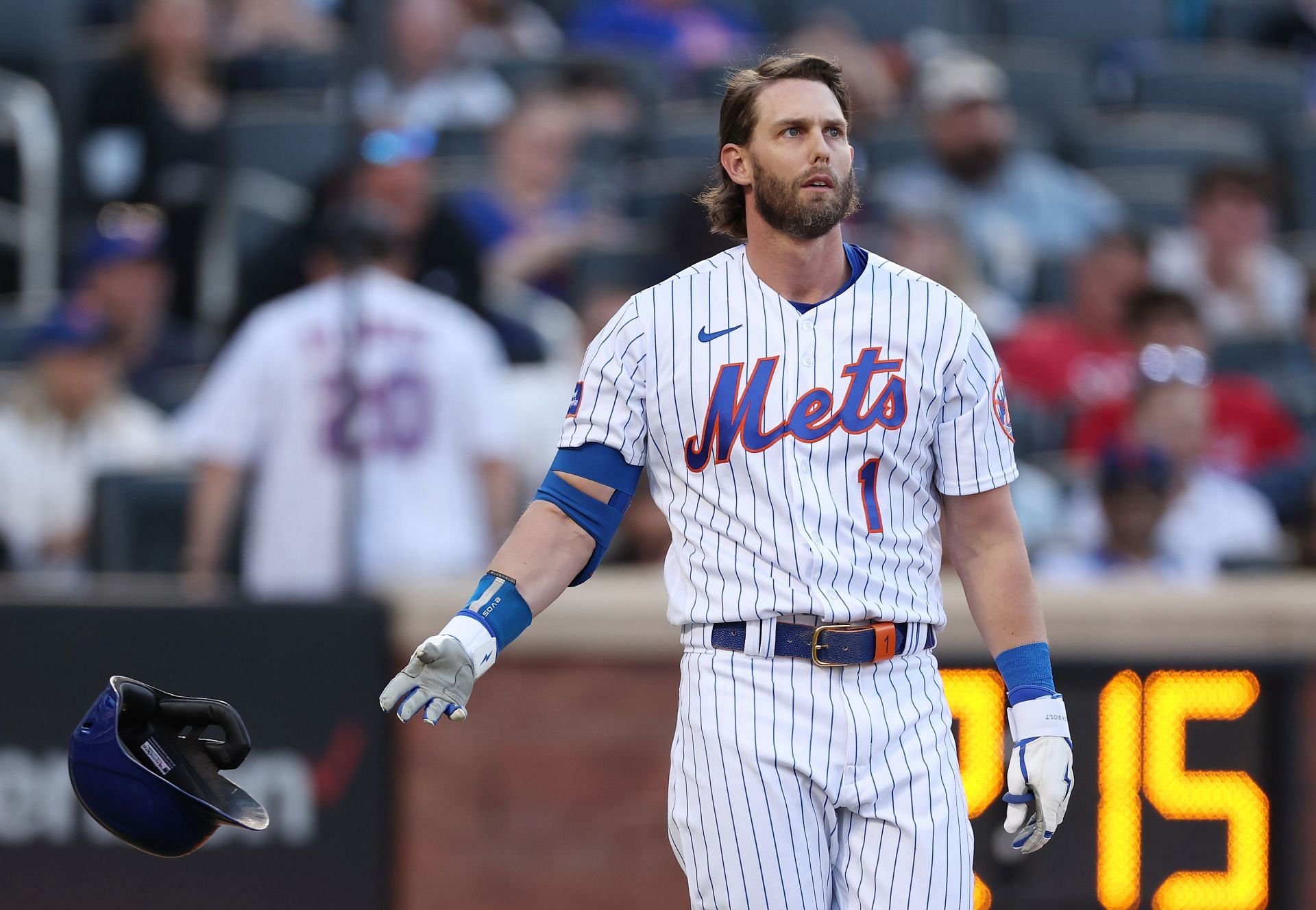 Jeff McNeil #1 of the New York Mets reacts after striking out with two runners on base