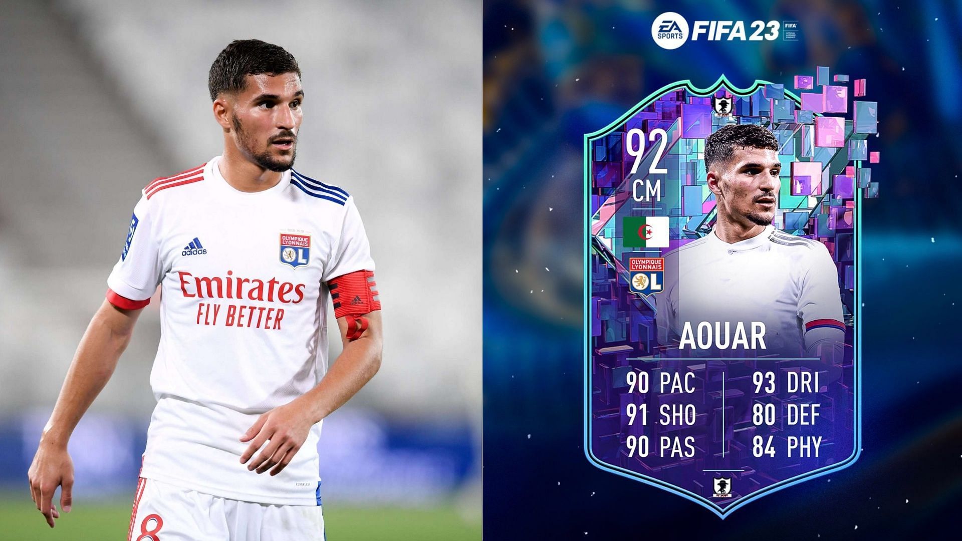 The Houssem Aouar Flashback SBC could become a fan-favorite in the FIFA 23 Ligue 1 TOTS promo (Images via Getty, Twitter/FUT Sheriff)