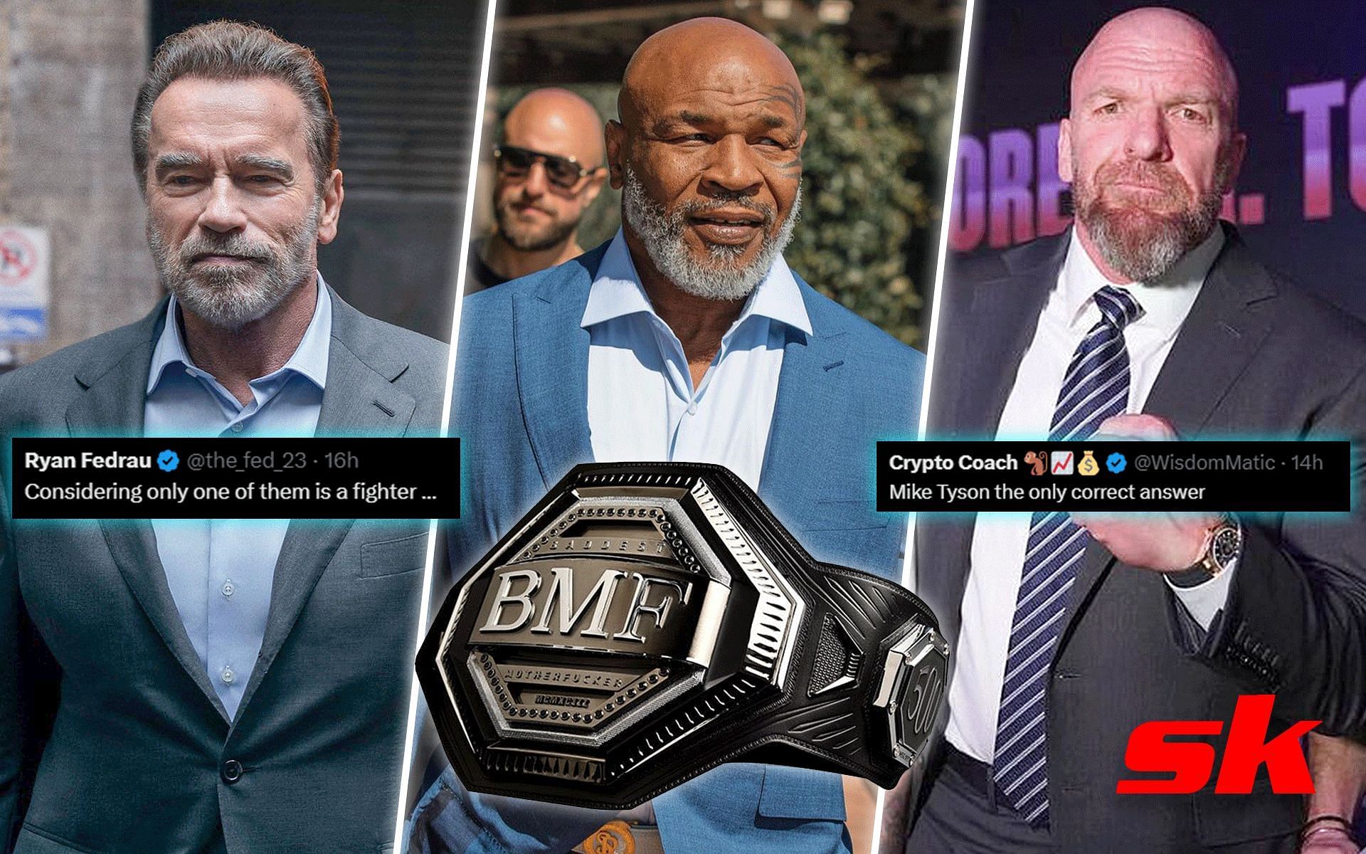 Arnold Schwarzenegger (left), Mike Tyson (centre), Triple H (right). [Images courtesy: belt from Twitter @MMAUNCENSORED1 and the rest from respective Instagrams]