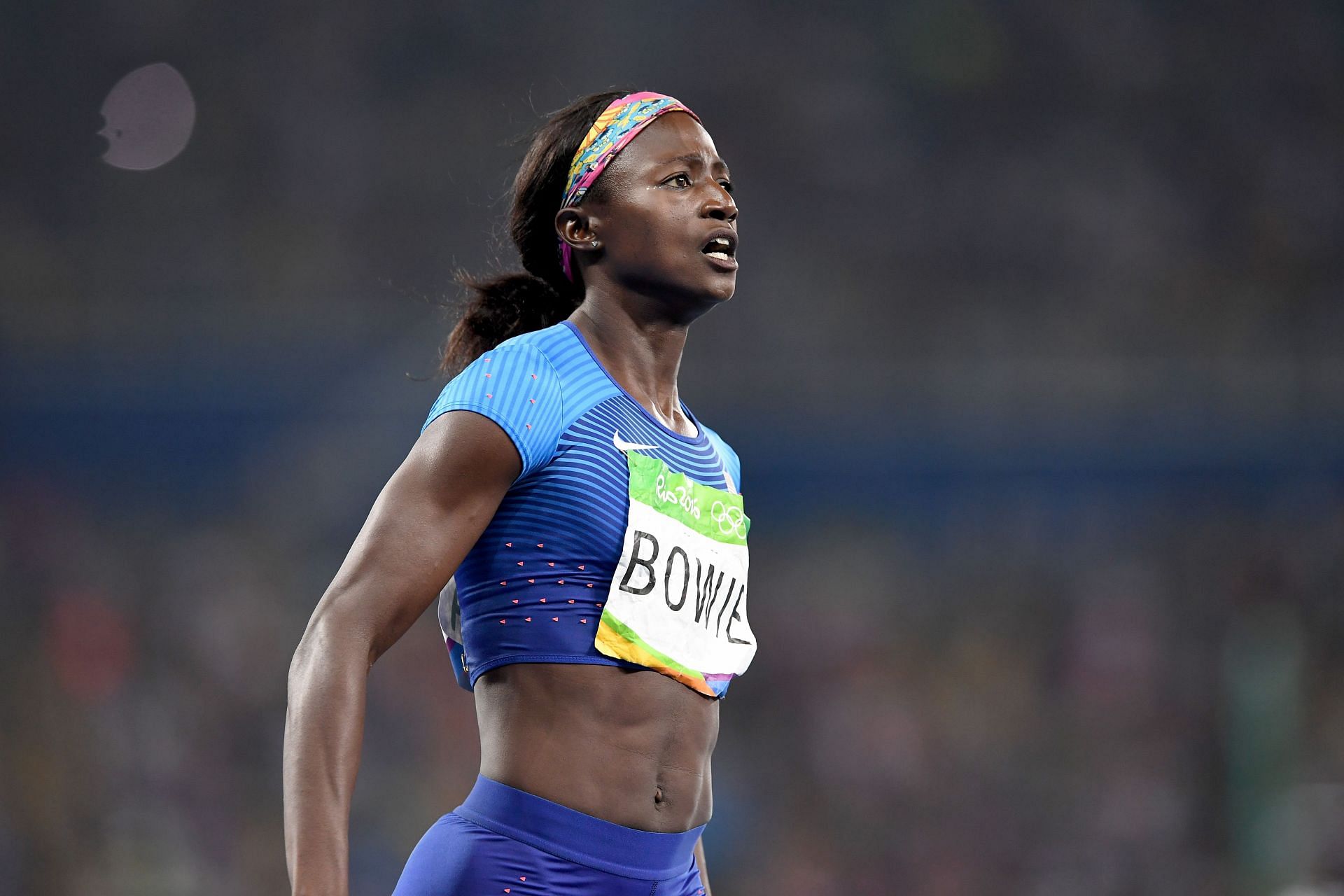 Tori Bowie of the United States crosses the finishline to win the Women&#039;s 4 x 100m Relay Final on Day 14 of the Rio 2016 Olympic Games