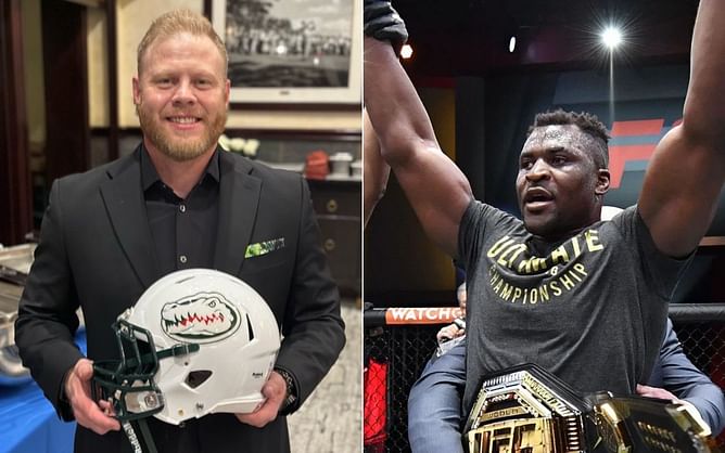 Francis Ngannou congratulates coach Eric Nicksick following his induction into the 2nd Hall of Fame class for Green Valley Football