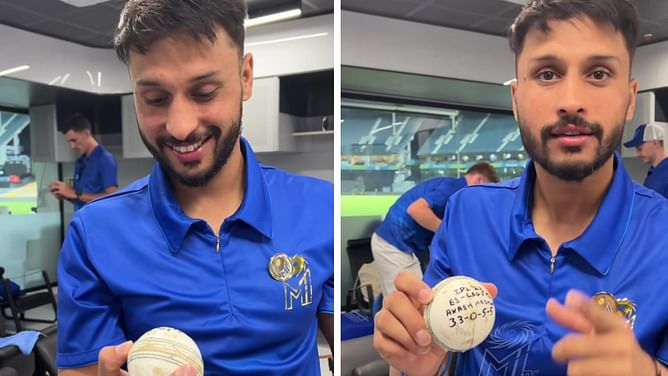 [Watch] MI's Akash Madhwal reacts to receiving the match-ball after an incredible fifer against LSG in IPL 2023 Eliminator