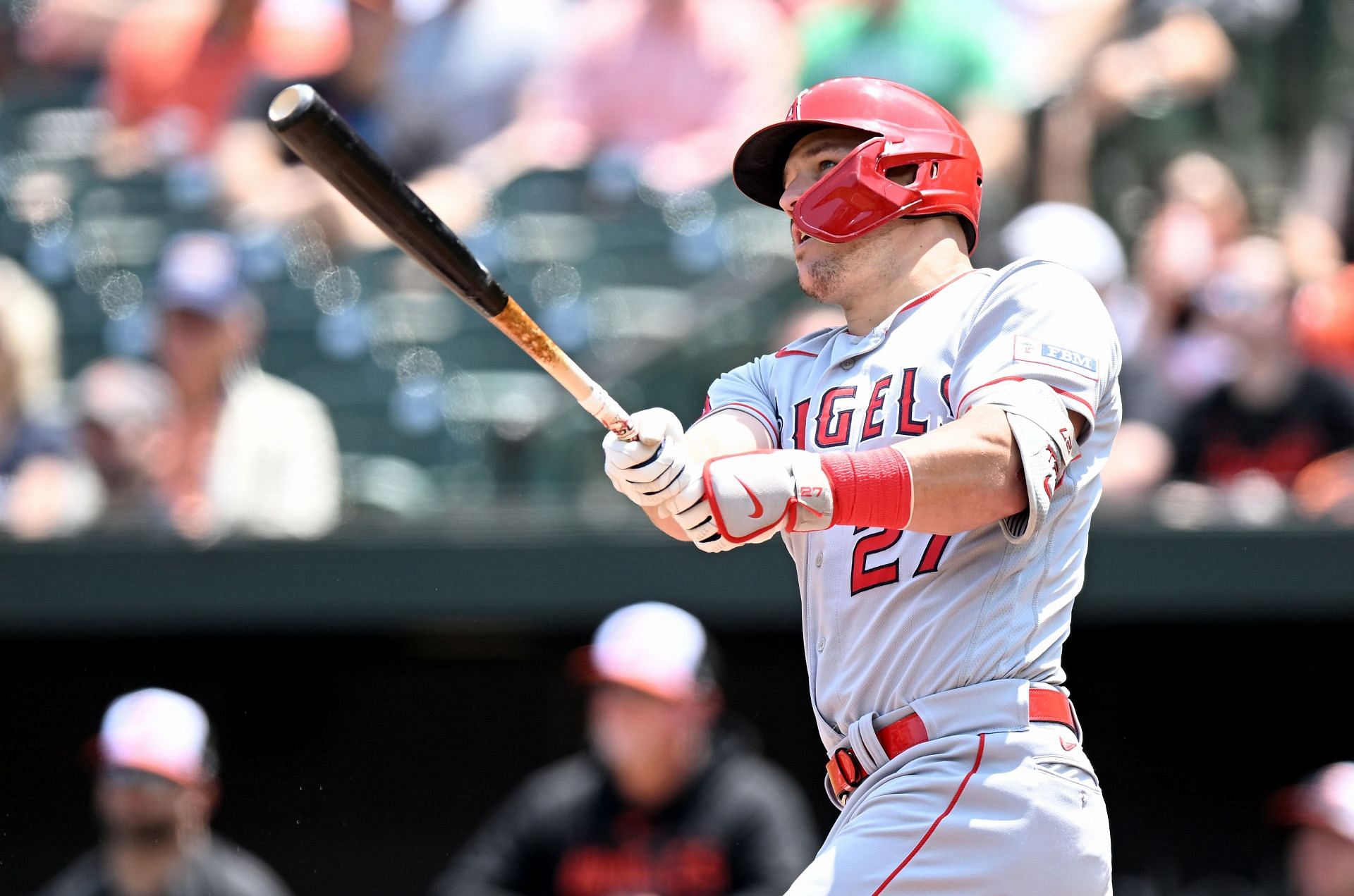 Mike Trout of the Los Angeles Angels hits a two-run home run against the Baltimore Orioles at Oriole Park at Camden Yards