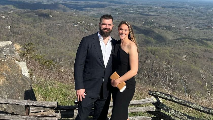 Jason Kelce poses for a photo with Kylie Kelce at the Kelce