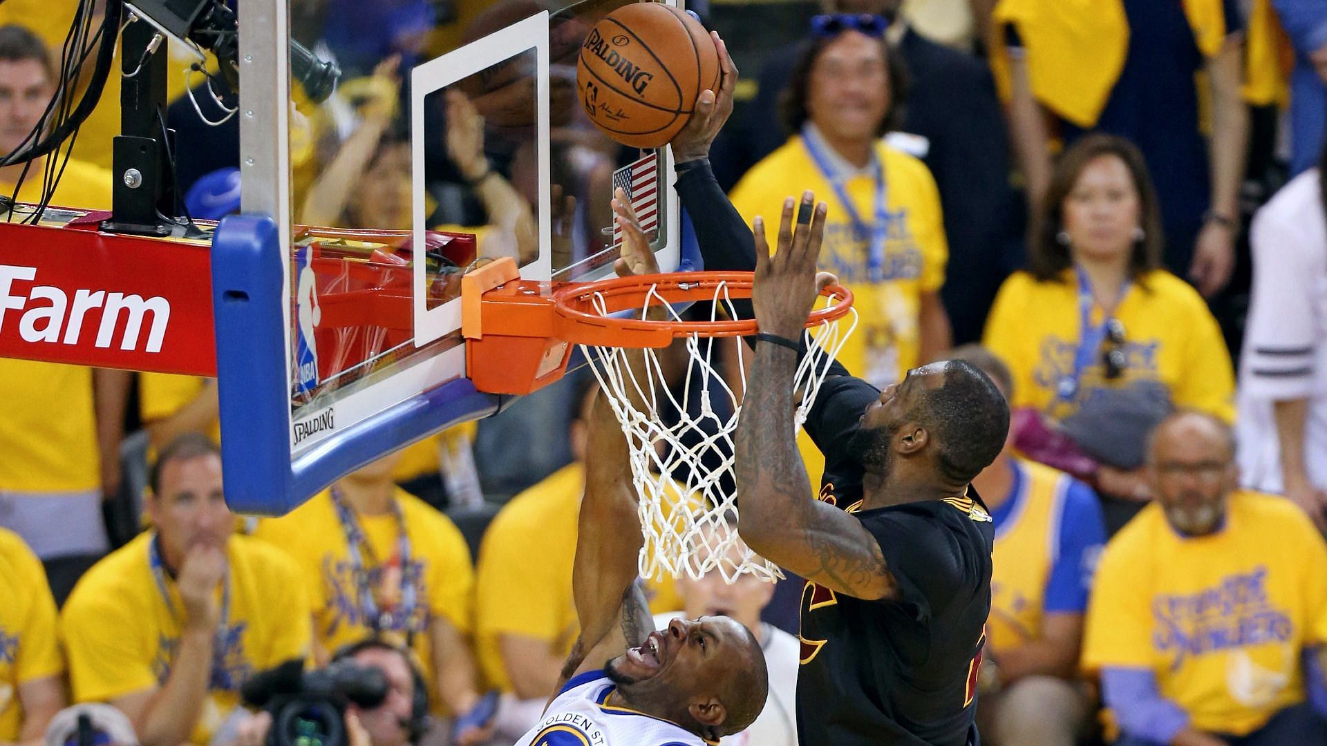 LeBron James blocks Andre Iguodala in Game 7 of the 2016 NBA Finals